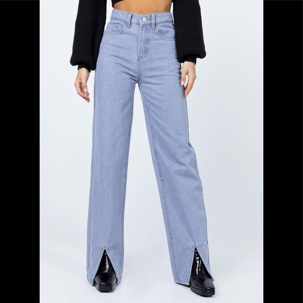 Princess Polly Rosalie High Waist Slit Jeans - Light Blue